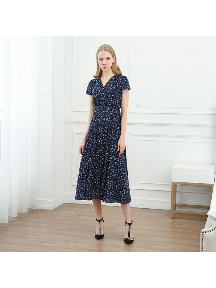 PGDVF French Vintage Dress Women's Summer New Fragmented Flower Large Hem Elegant Waist Slim V-neck Tea Break Dress