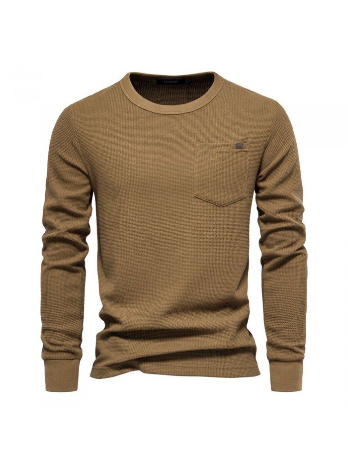 Spring and Autumn Men's Round Neck Pocket Waffle Long Sleeve Top Men's T-shirt 