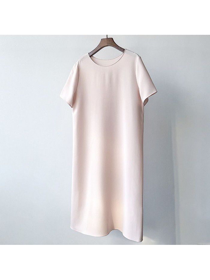 Women's Acetic Acid Short Sleeve Loose fitting Dress Mid length Simple Round Neck Long Dress 