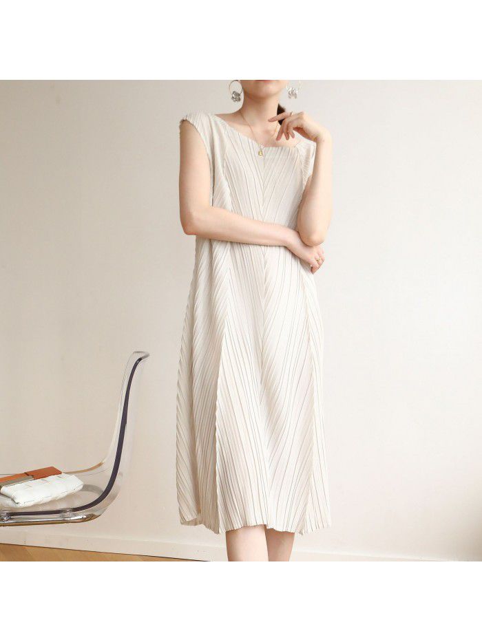 High end pleated minimalist fashion casual mid length herringbone pleated dress 