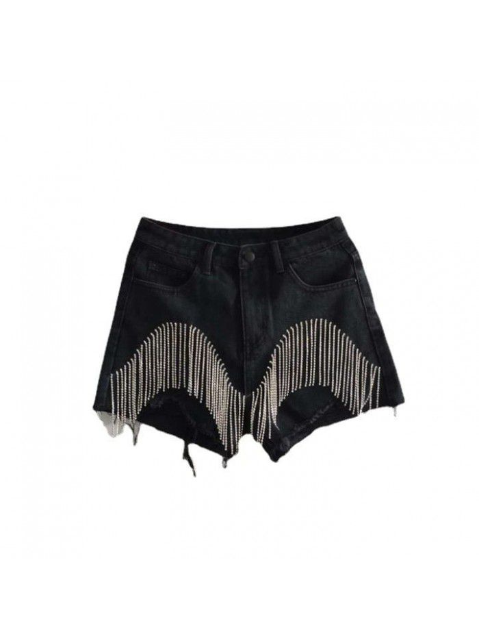 Perforated high waisted rhinestone tassel chain slimming straight denim shorts for women 