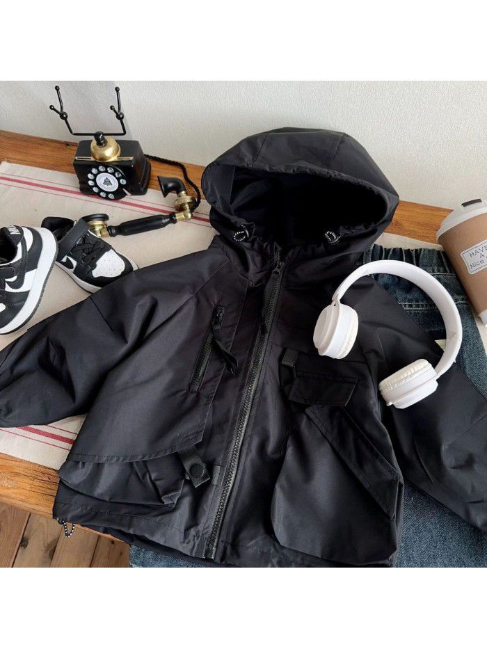 Children's versatile solid color jacket Children's clothing Autumn new baby top Korean version boys' black jacket 