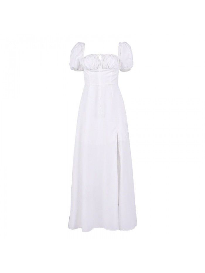 Summer Holiday Bubble Sleeve Solid Split Long Dress 