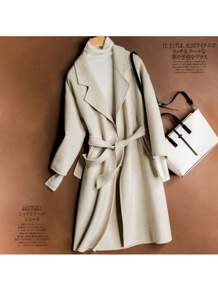 Solid color medium length double-sided wool coat, women's lace up lapel wool coat