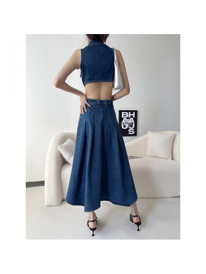 Denim Blue Hollow Open Waist Dress Women's Spring/Summer Slim Fit Side Waist High Split Style Dress  Denim Blue Hollow Open Waist Dress Women's Spring/Summer Slim Fit Side Waist High Split Style Dress