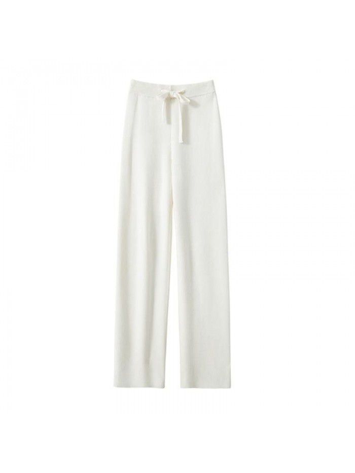 Cashmere knitted wide leg trousers for women in autumn and winter, white thickened, high waist, straight tube, loose, draping wool trousers 