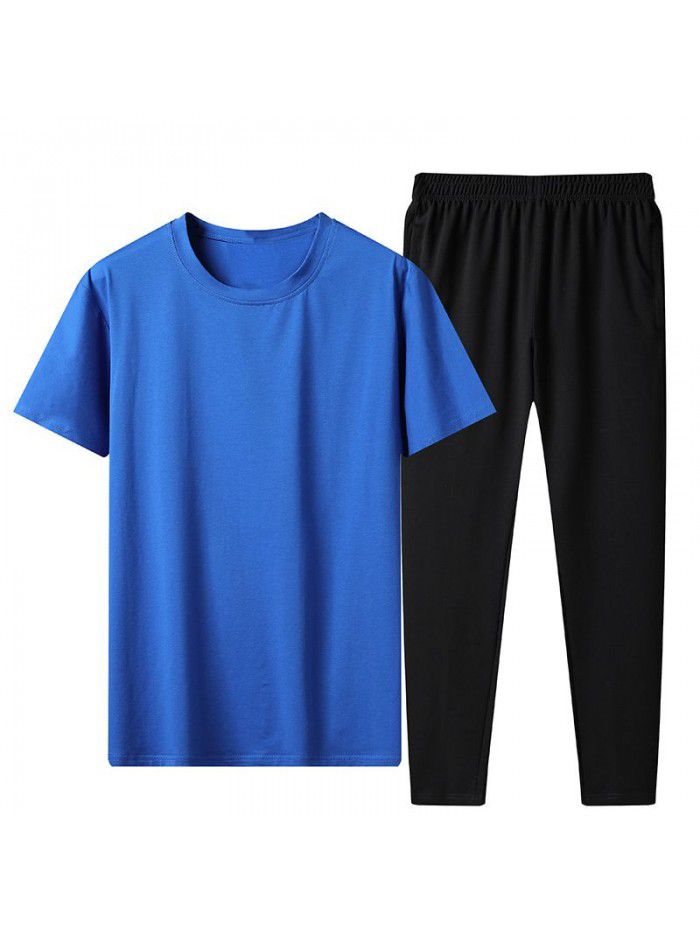 Summer ice porcelain cotton plain casual suit men's short-sleeved t-shirt loose large leggings 