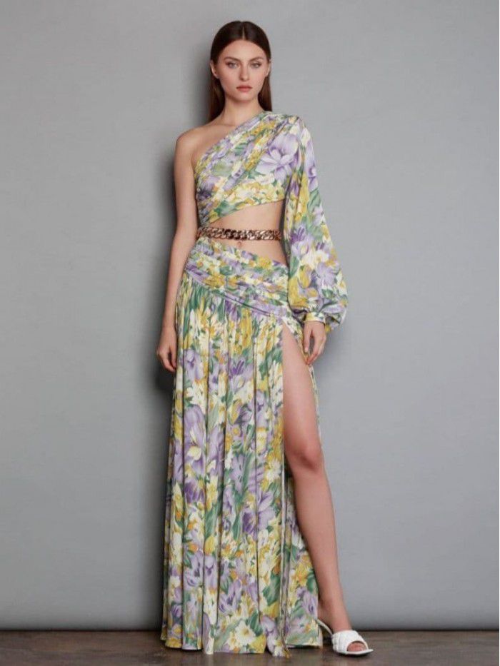 Summer New Women's Sexy Oblique Shoulder One Shoulder Long Sleeve Fragmented Flower Dress Long Dress High end Big Swing Fragmented Flower Dress 