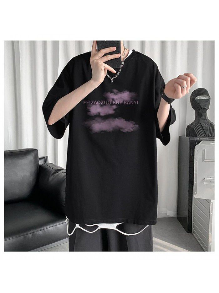 New pure cotton short sleeved T-shirt for men's creative trendy brand loose fitting men's half sleeved round neck T-shirt for men's clothing 