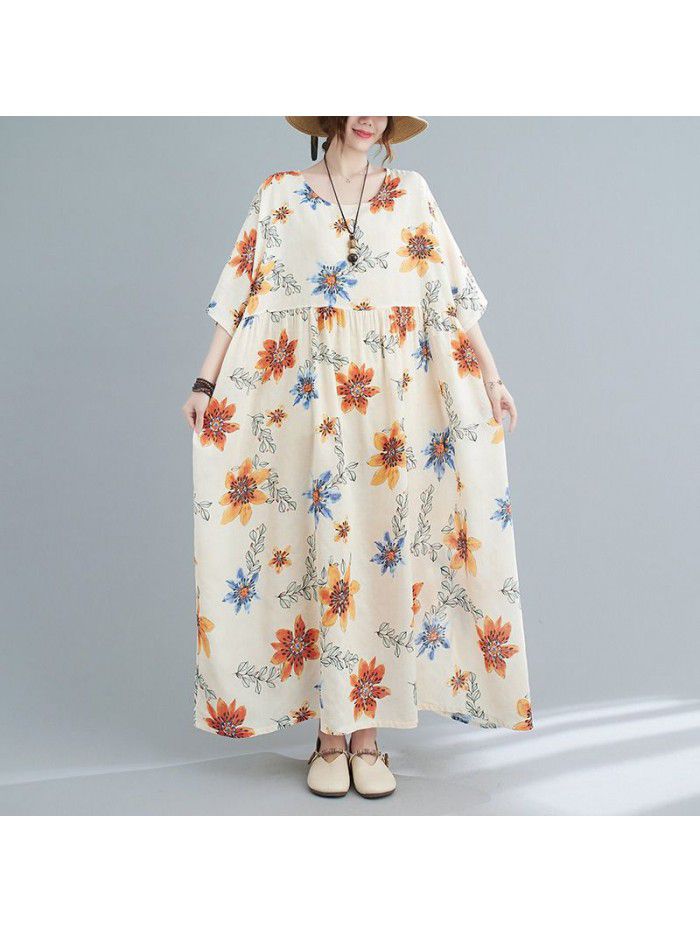 Women's Summer Dress Loose Short Sleeve Slim Printing Skirt 