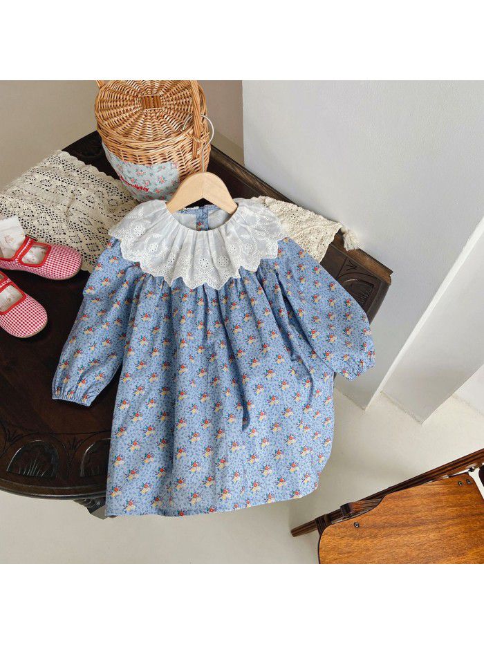 Children's retro lace ruffled collar girl's dress autumn Korean version floral long sleeved girl's dress 