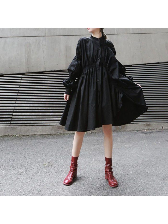 Loose personality, niche pleated trend, new fashionable temperament, lantern sleeves, solid color, irregular dress for women 