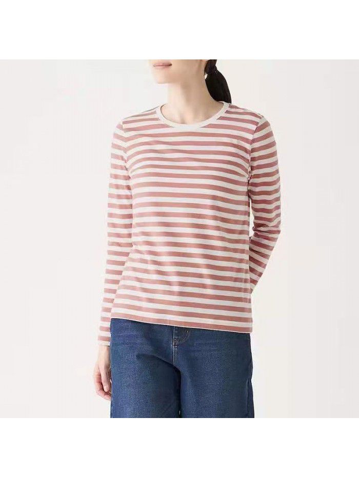 Long sleeved T-shirt Women's pure cotton striped T-shirt Indian cotton T-shirt Tianzhu woven round neck T-shirt 