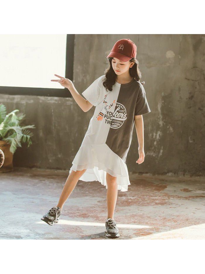 Summer Mid sized Girls' and Girls' Clothing Color Matching Letter T-shirt Short Sleeve Dress Children's Dress Parent-child Dress 