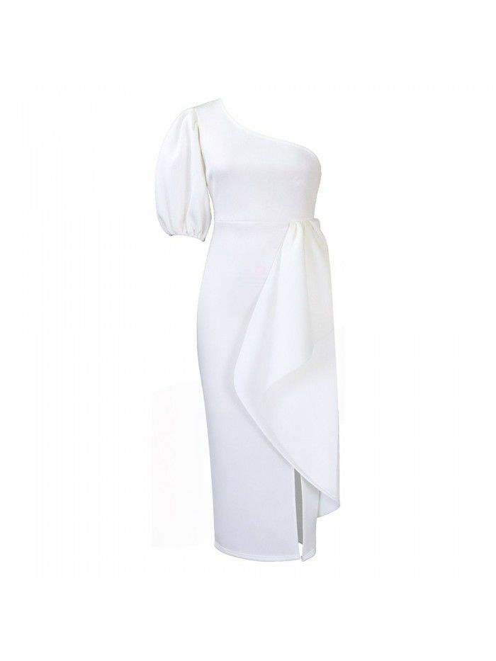 Oblique Neck Split Ruffle Edge Dress Sexy Dress