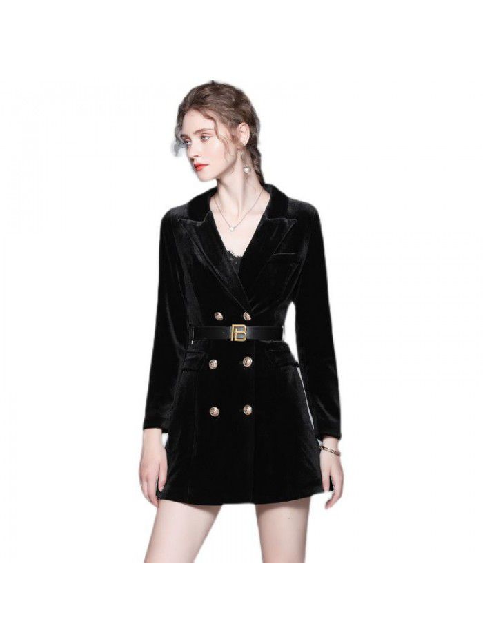 Autumn and Winter New Fashion Women's Long sleeved Suit Collar Double breasted Velvet Long Coat Windbreaker