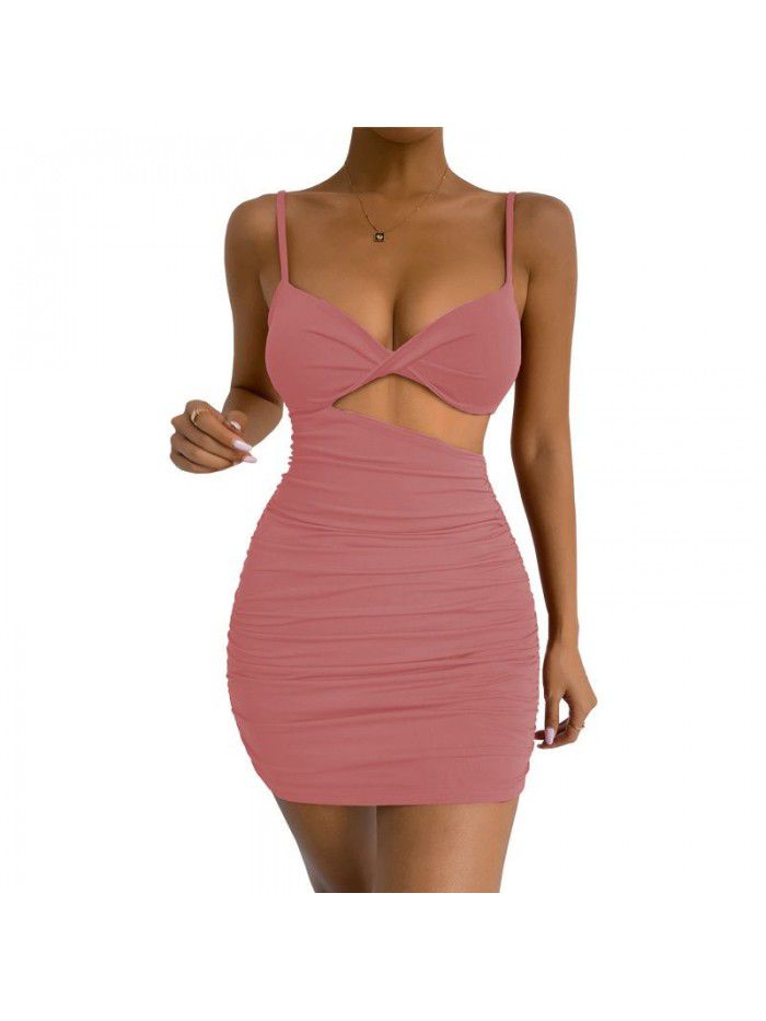 Women's Open Waist Suspended Dress Sexy Slim Fit Pleated Wrapped Hip Dress 
