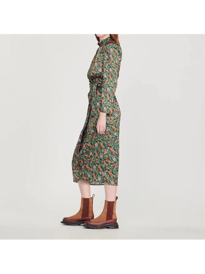 French S romantic daisy print autumn new women's dress design sense waist style dress 