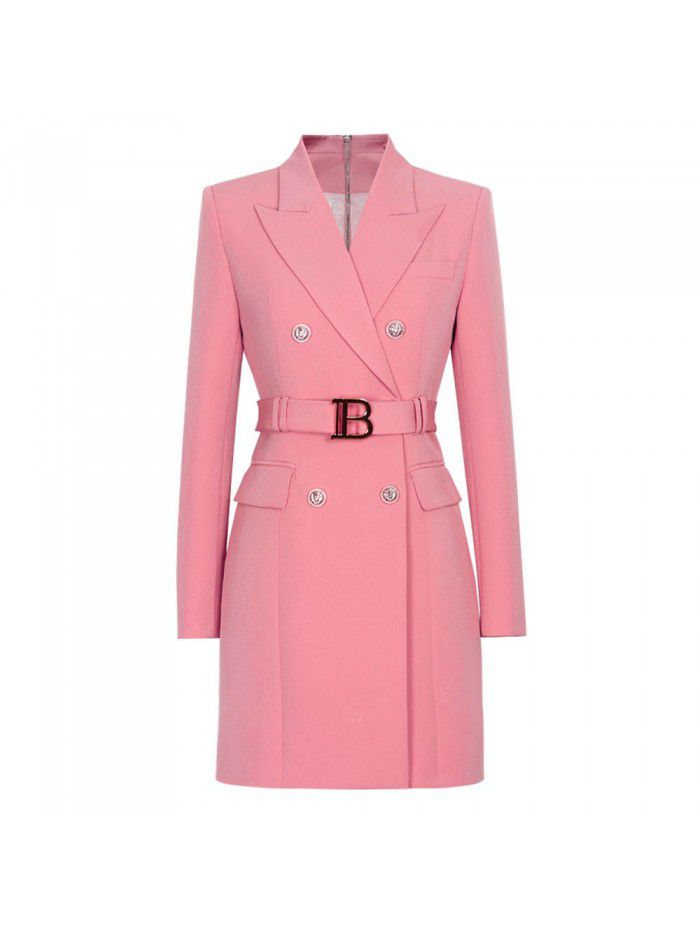 Spring and Autumn New Fashion High grade Solid Color Belt Long Sleeve Slim Fit Temperament Commuter Suit Dress Women 