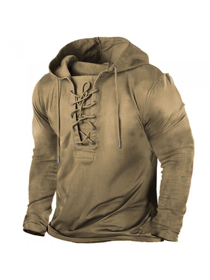 Men's Outdoor Vintage Lace Up Hooded Long Sleeve T-shirt Autumn Solid Casual Top 