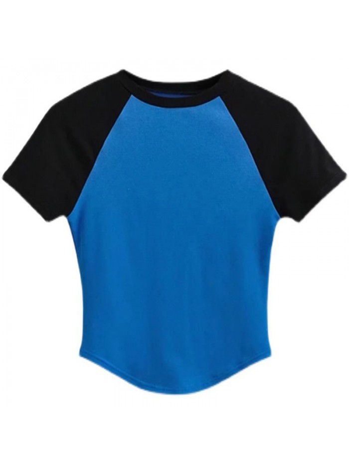 Retro panel contrast hem irregular versatile top summer basic round neck slim short t-shirt women 
