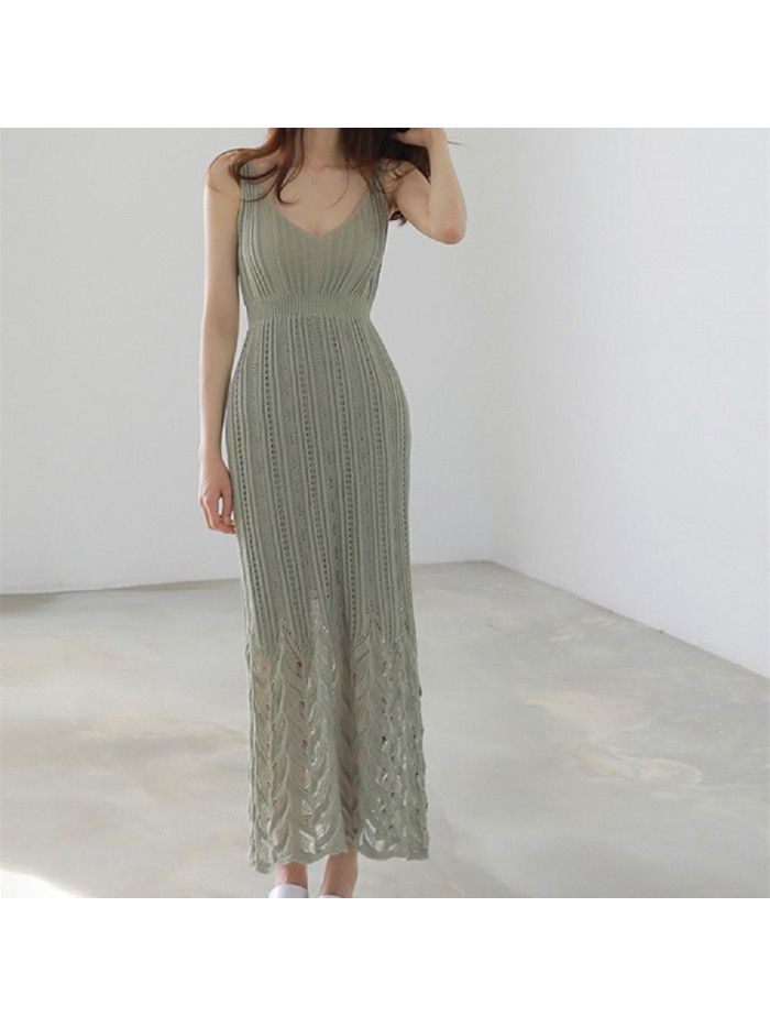 Spring/Summer Mid length Knitted Sling Dress for Women Sleeveless Outwear Over Knee Skirt Underlay Tank Top Long Dress 