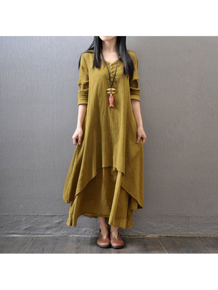 Spring and autumn holiday two-piece long skirt, artistic large linen dress, loose long-sleeved cotton and linen skirt 