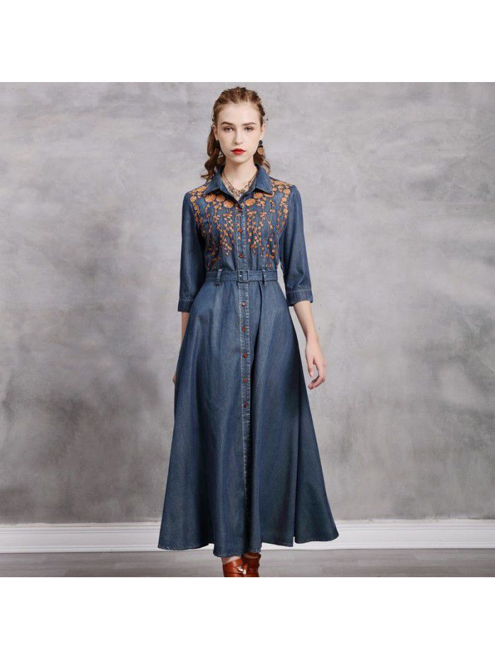 Vintage embroidery lapel belt temperament denim skirt mid length slimming autumn dress 