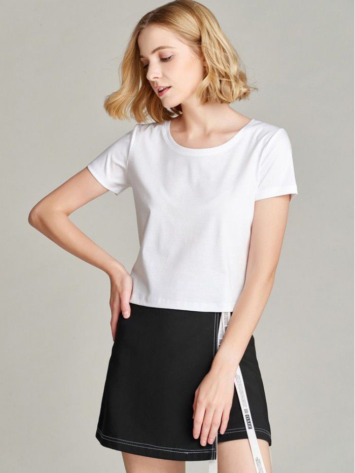 T-shirt Women's Short Cotton High Waist Summer Loose Simple Round Neck Korean Versatile Solid Color T-shirt 