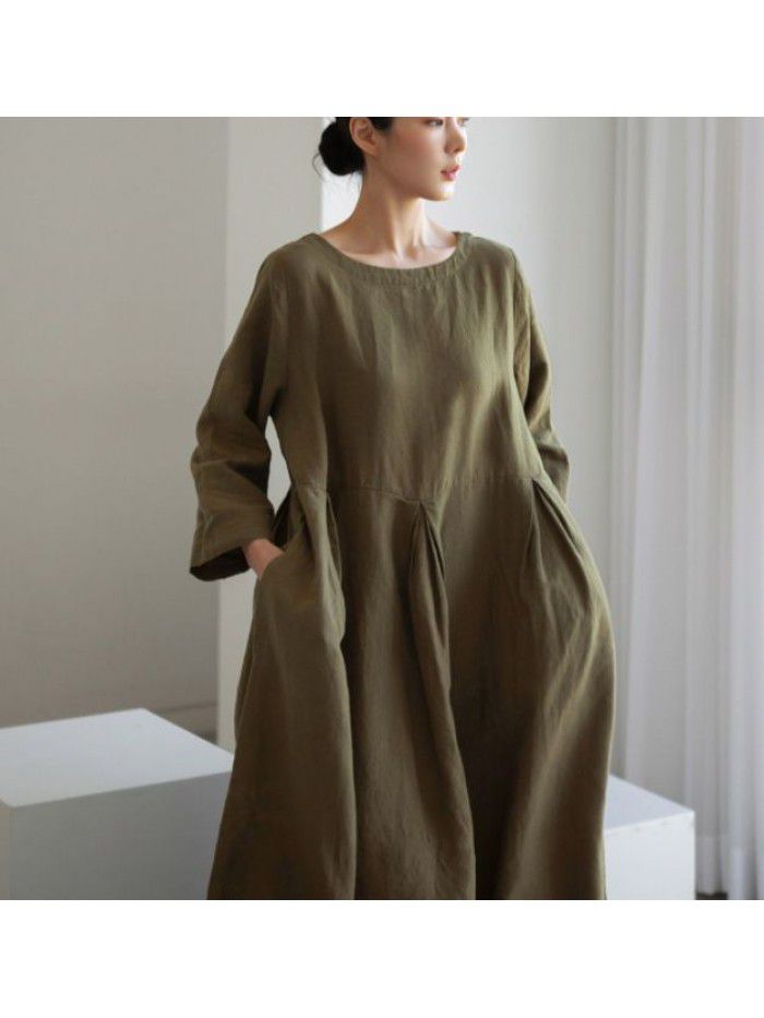 Loose Size Dress Women's Cotton Leprosy Round Neck Pullover Solid Color Over Knee Long Dress Large Swing Skirt