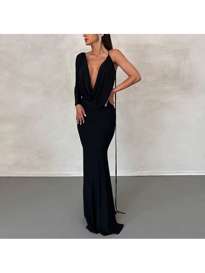 Excellent temperament, one shoulder, slim fit, fishtail skirt, open back, sexy dress, irregular long skirt 