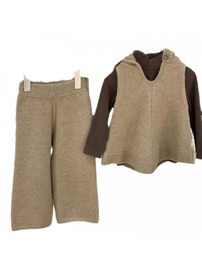 Winter New Girls' Solid Color Hooded Vest Sweater Two Piece Set Girls' Wide Leg Pants Knitted 