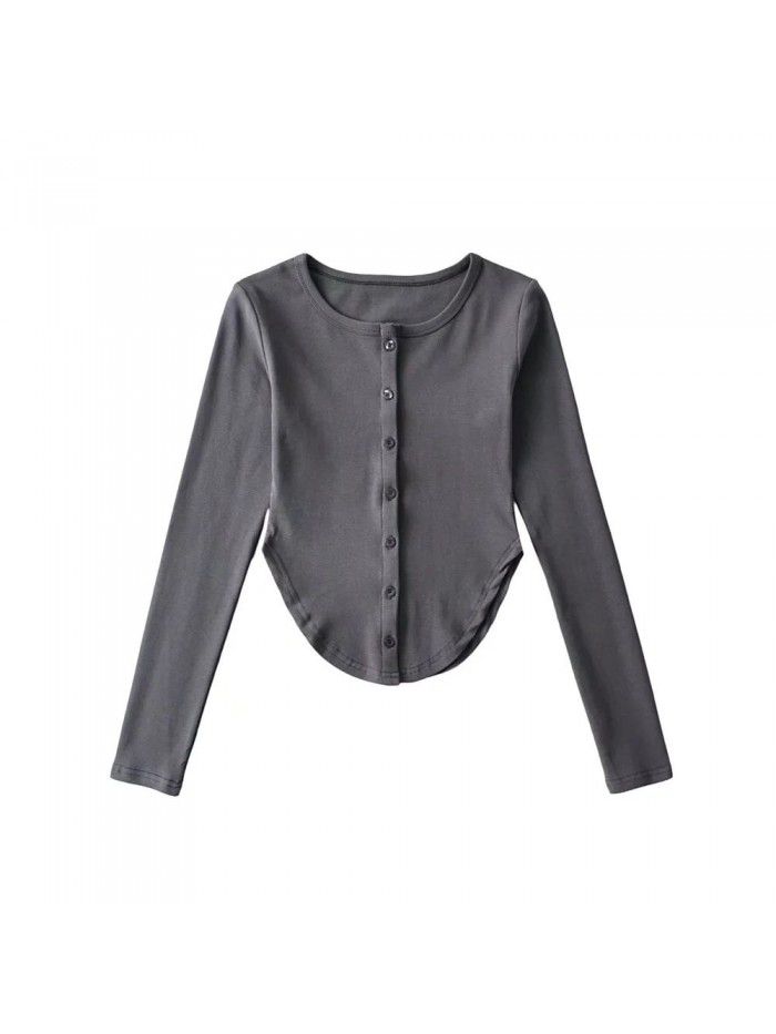 Irregular U-shaped hem long sleeved T-shirt for women with pure lust design, slim fit and slimming bottom top 