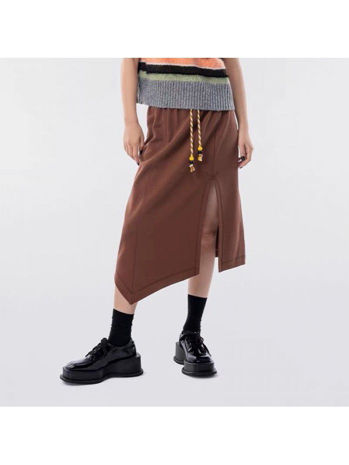 Simple and casual design, irregular split drawstring A-line half skirt, women's slim half skirt 