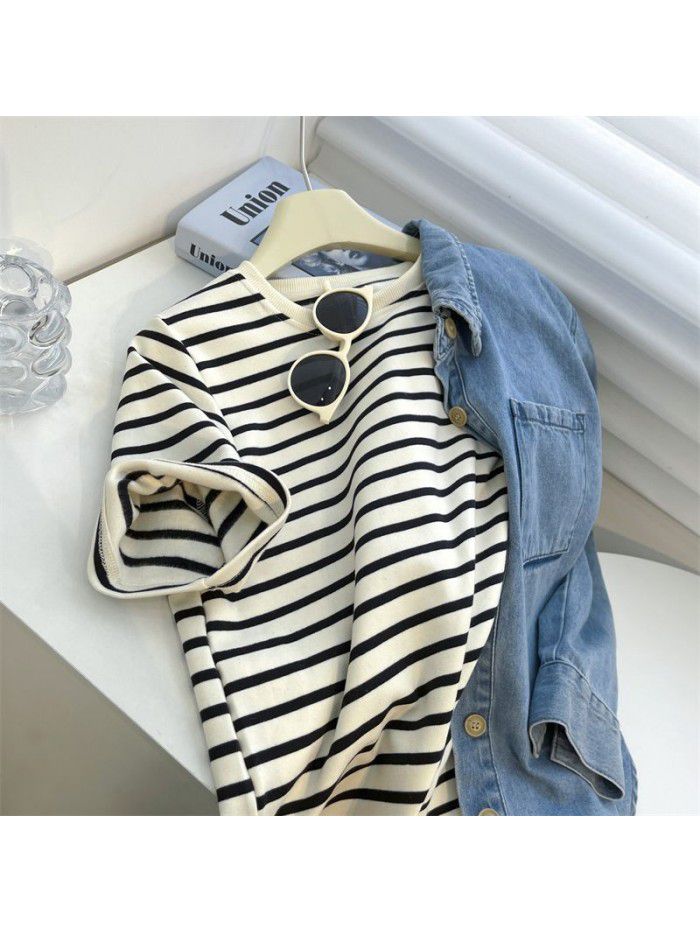 Plush matte striped round neck short sleeved T-shirt for women's spring loose beige apricot stripe bottom top 