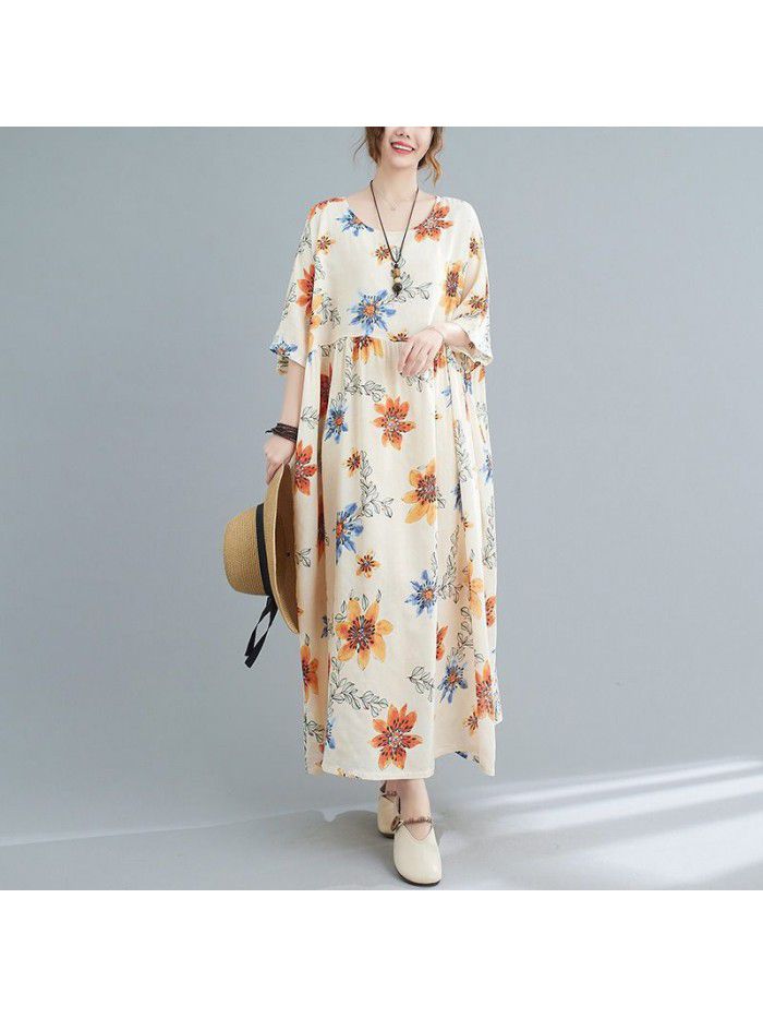 Women's Summer Dress Loose Short Sleeve Slim Printing Skirt 