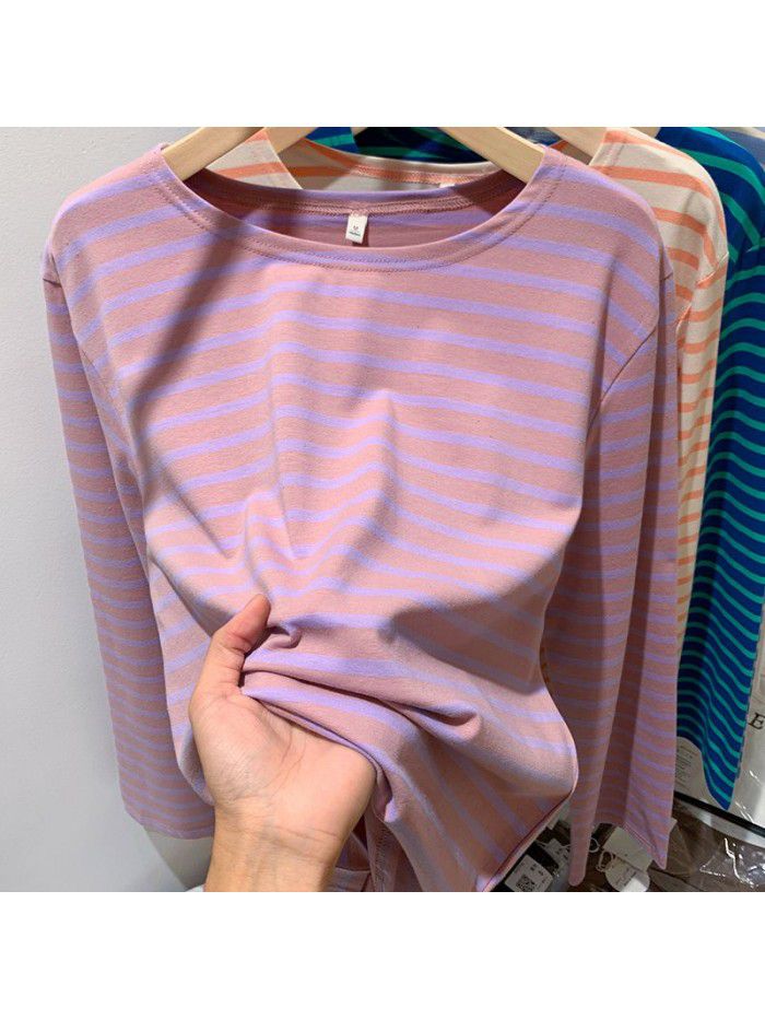 Cotton loose striped bottom shirt for women with spring and autumn Korean design sense long-sleeved T-shirt round neck versatile top 