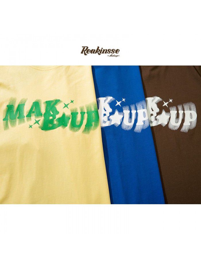 Loose spray halo dye letter print men's trendy couple short sleeved T-shirt 