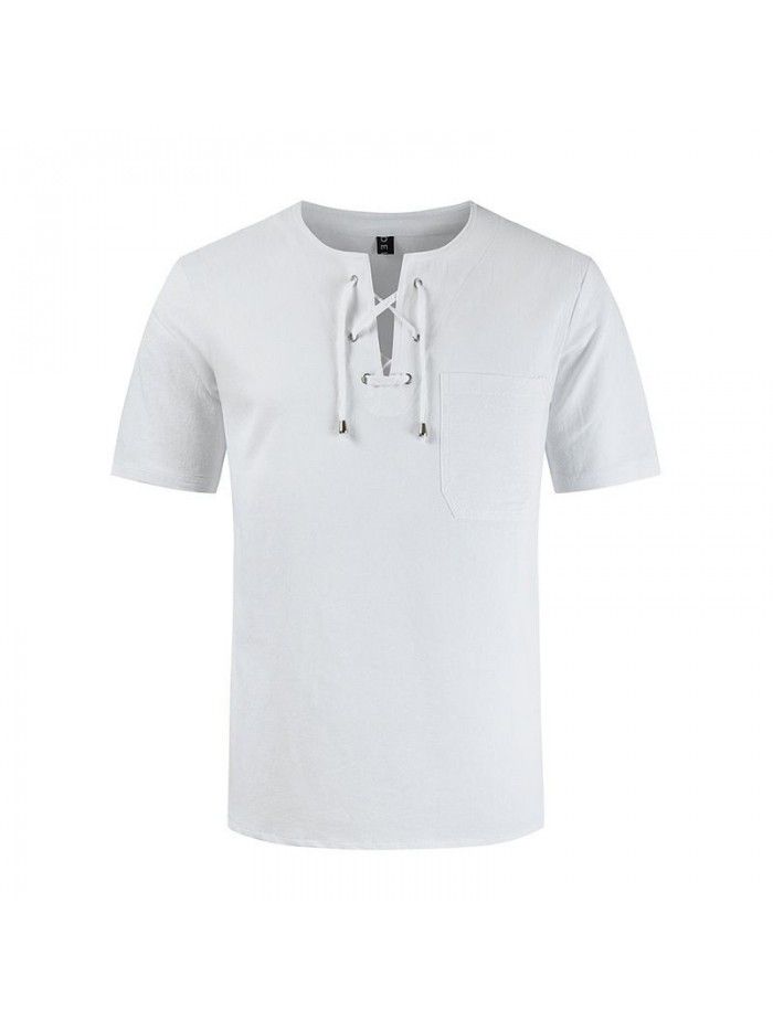 Summer New Street Men's Short Sleeve T-shirt Cotton Hemp Lacing Casual Fashion T-shirt 