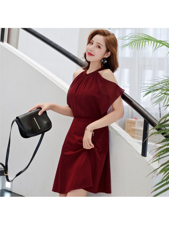 French Elegant Little Black Dress Small Sexy Ruffle Shawl Slim Fit Black Hanging Neck Dress 