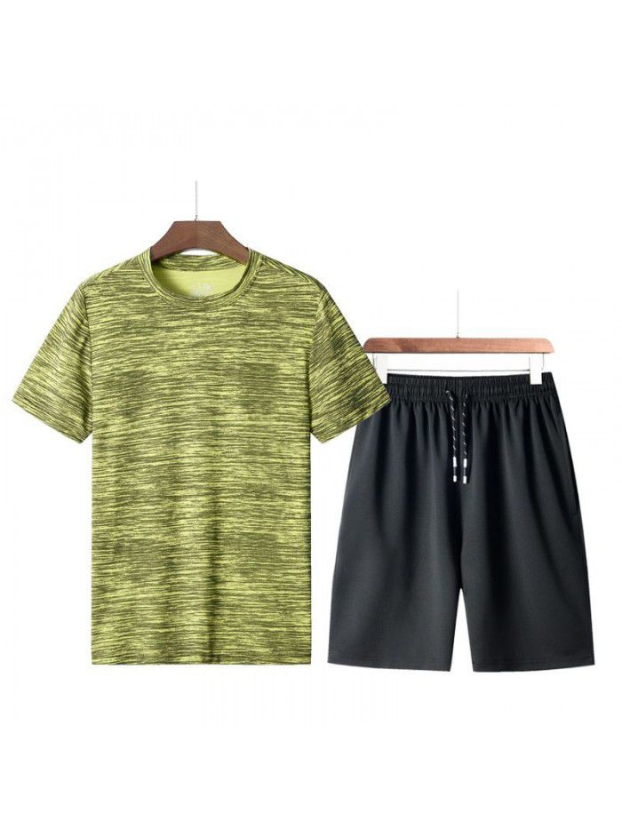 Summer men's loose fitting T-shirt running casual short sleeved round neck quick drying shorts sports set
