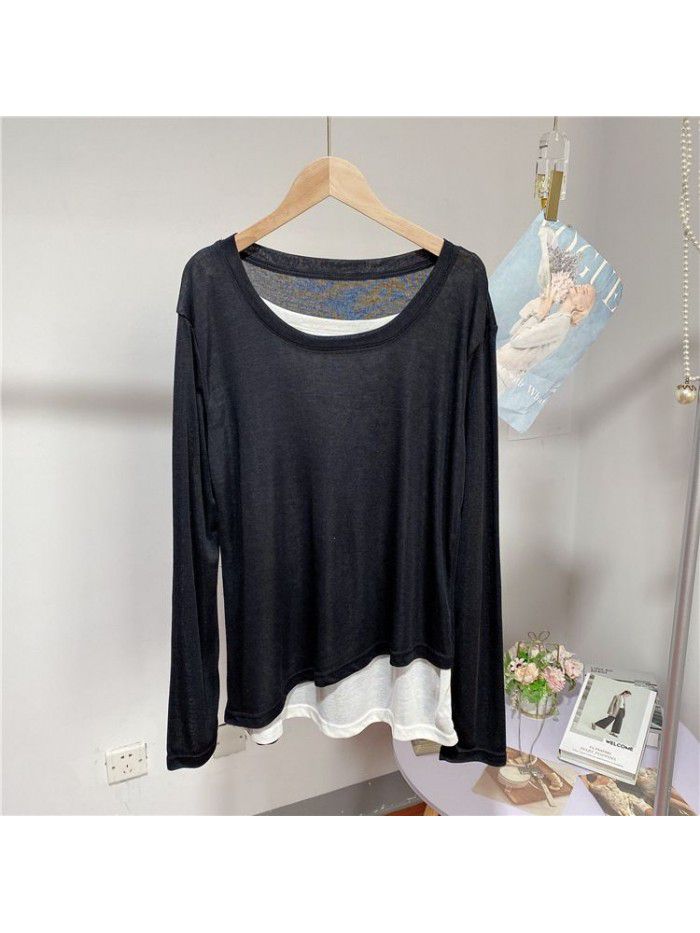 Thin Tencel facial mask Long Sleeve Round Neck T-shirt Women's Spring Loose Medium length Undercoat Top 