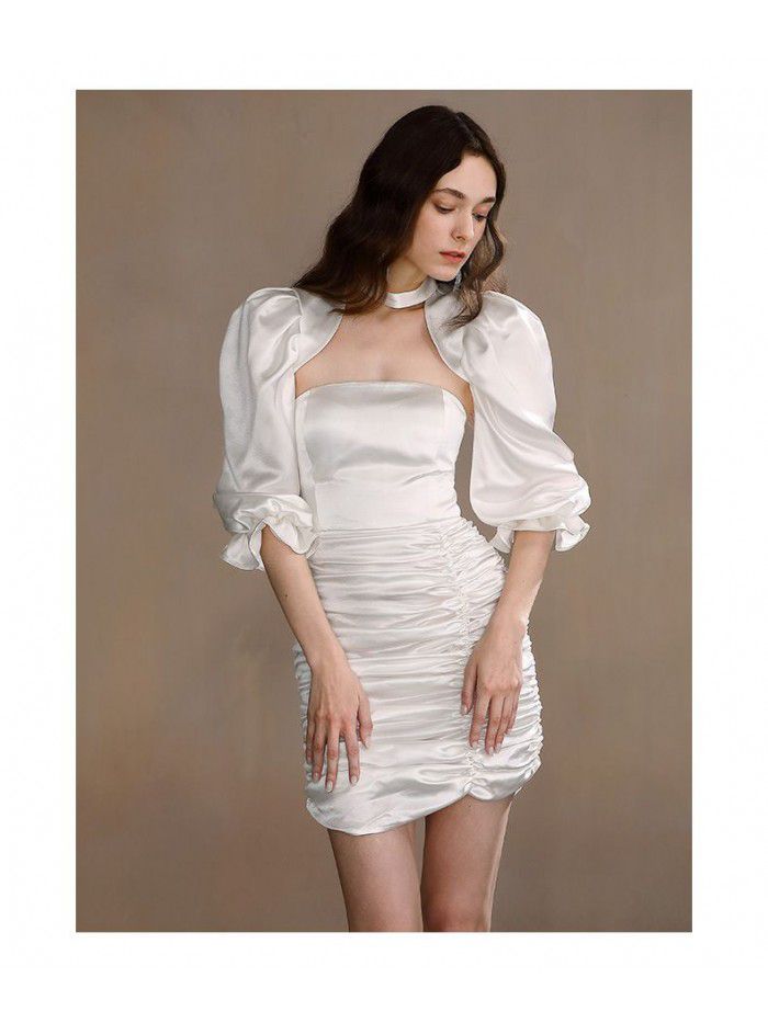 Design Sense Bubble Sleeve Pleated Spicy Girl Open Back Wrapped Chest Muse Dress 