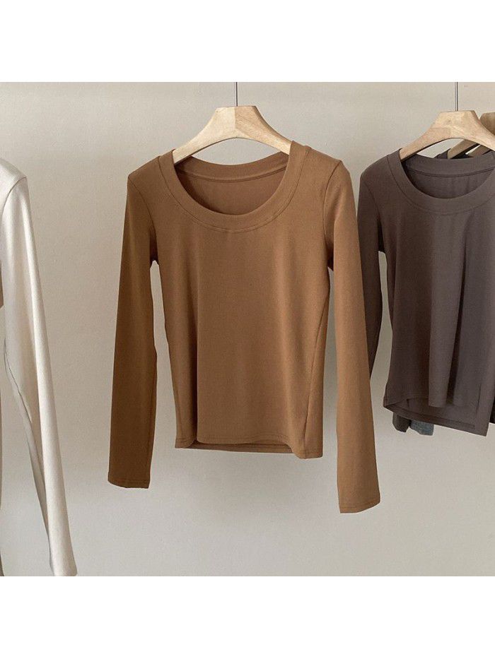 Practical and minimalist round neck long sleeved t-shirt for women's basic versatile slim fitting top 