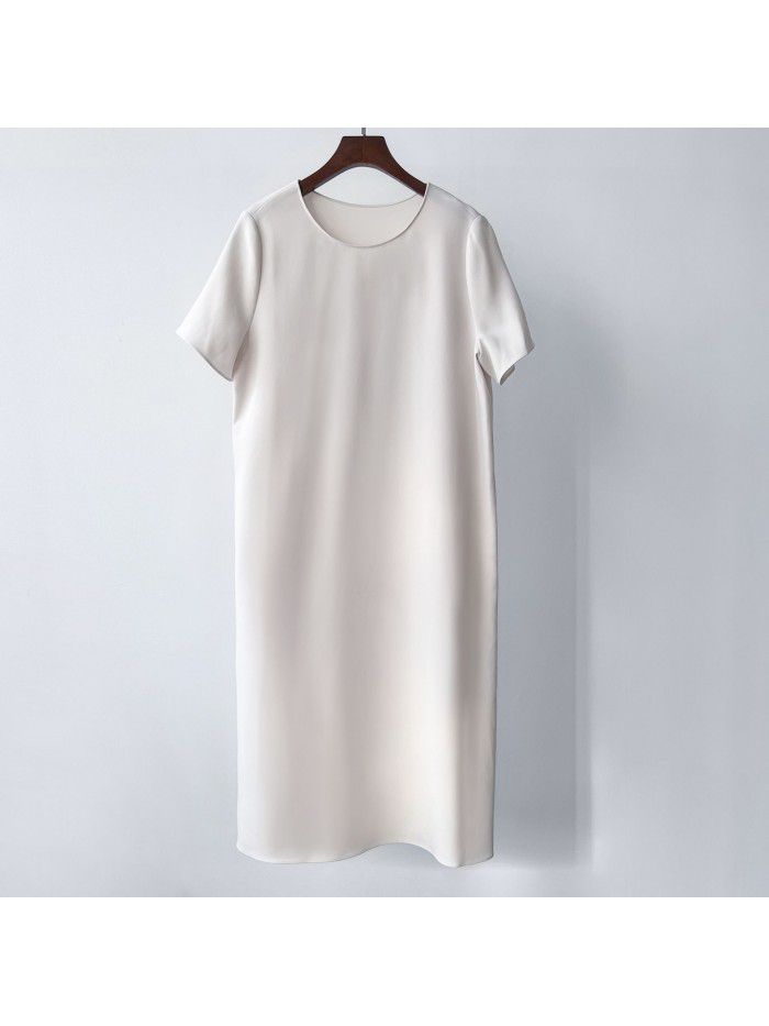 Women's Acetic Acid Short Sleeve Loose fitting Dress Mid length Simple Round Neck Long Dress 