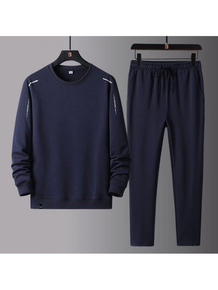Spring and Autumn Sports and Leisure Set for Men, Middle aged and Elderly Dad's Long sleeved Pants Sweater Large Men's Two Piece Set 