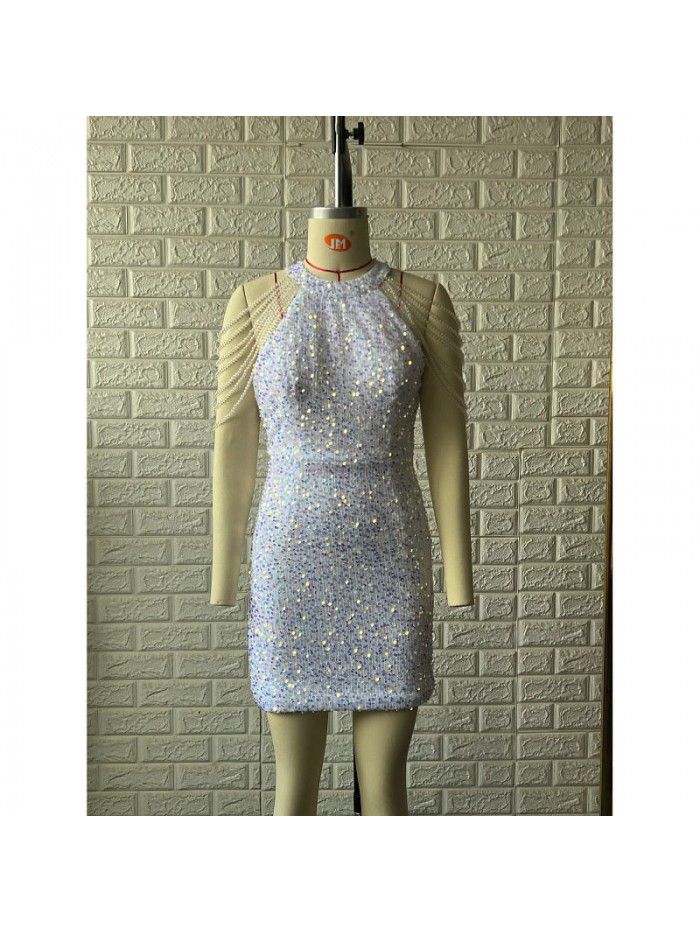 Sequin short dress dress spring and summer women's popular round neck sexy slim fringed dress 