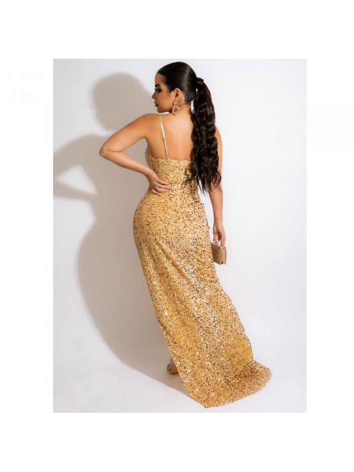 Pearl Mesh Sexy Sling V-Neck Split Long Dress Dress Women's Dress 