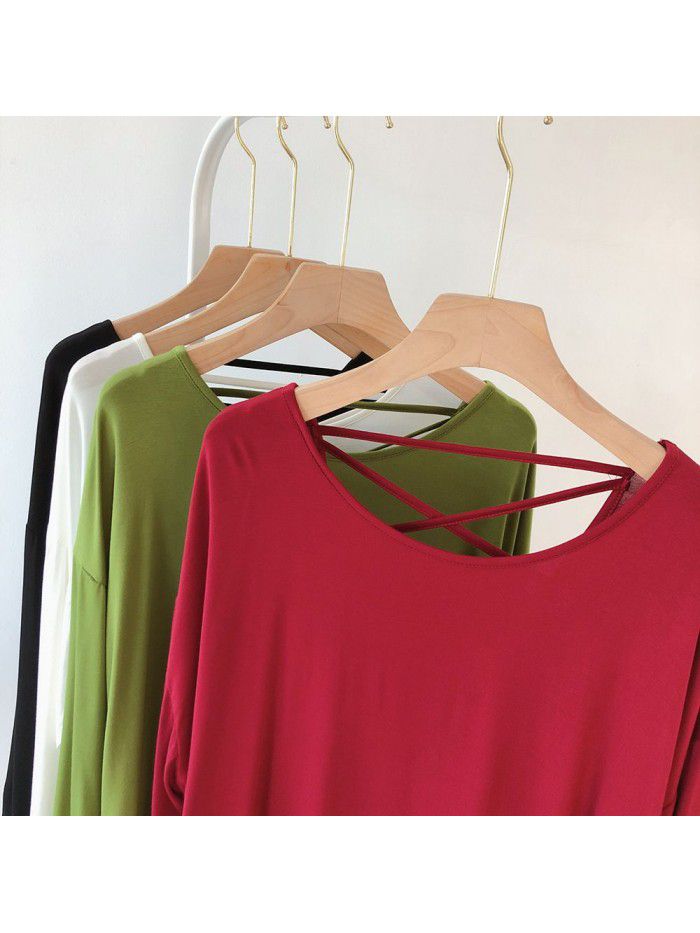 Sexy backless long sleeved T-shirt for women, loose fitting large size Korean autumn outfit, solid color drape, lazy dance dress 