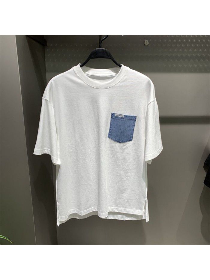 Men's Spring/Summer New Men's Denim Panel Wide White Short Sleeve T-shirt 